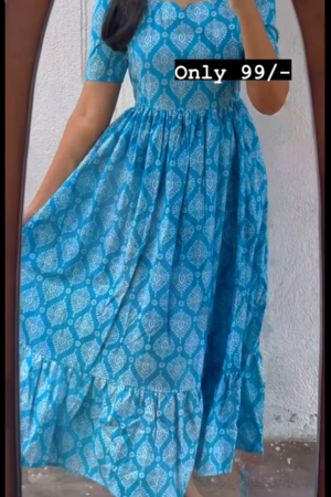 Sky Blue Cotton Printed Dress