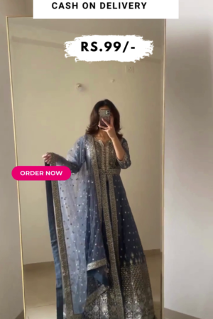 Grey Embroidered Silk Anarkali Suit Set