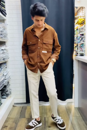 Classic Spread Collar Pocket Detailing Relaxed Fit Corduroy Shirt